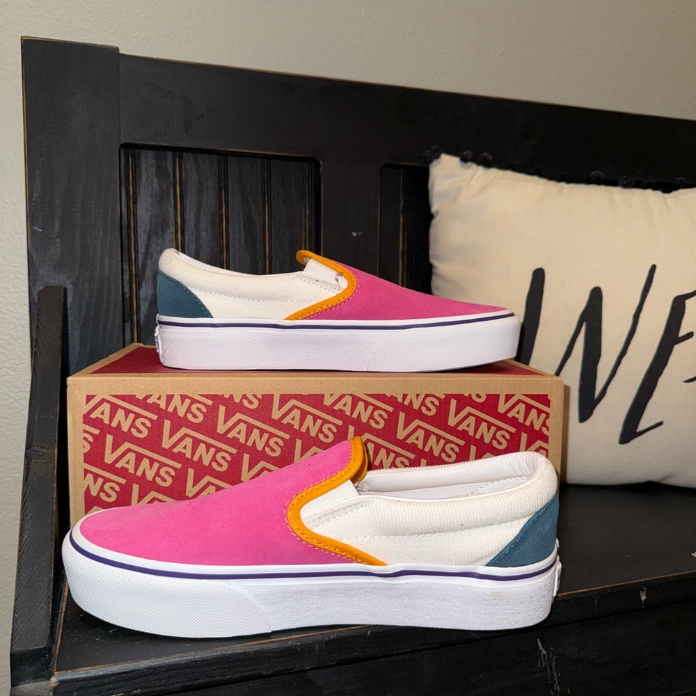 Vans Pink and White Slip-Ons with Orange Trim - Picture 2 of 8